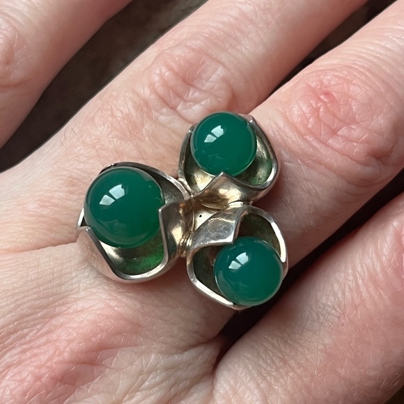 KULTASEPPÄ SALOVAARA Finland Modernist Sterling Silver Ring Chrysoprase Sz 7 MCM - Picture 9 of 13